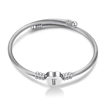 Women Initial Heart A-Z Letter Cuff Bracelet Personalized Name Expandable Wristband Bangle Bracelets Stainless Steel Birthday Jewelry - style: W