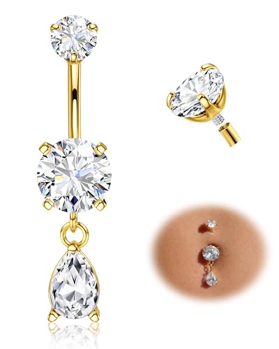 Tungary G23 Titanium Belly Button Rings for Women 14G Internally Threaded | Hypoallergenic Long Navel Piercing Jewelry, 3/8" Implant Grade Dangle Belly Button Piercing, 5A CZ, with Vacuum PVD Finish - color: Drop: 14K Gold Plated