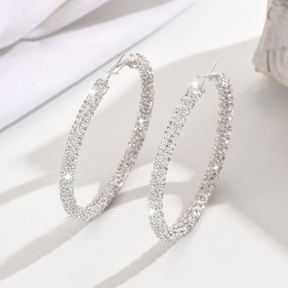 Large Gold Rhinestone Hoop Earrings Silver Sparkly Big Hoop Earrings for Women Black Earring Bling Chunky Silver Hoops 60mm Trendy Statement Earring for Women Bling Hoop for Prom Wedding Party Chunky Jewelry - style: Silver-Plated Hoops 60mm