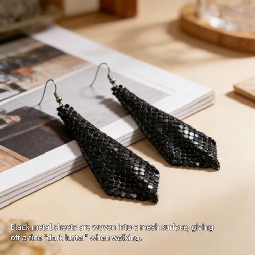 Mesh Sequin Tassel Long Drop Earrings for Women, Lightweight Metal Grid Fringe Dangle Earrings, Colorful Sparkly Alloy Wedding Bridal Party Jewelry (1 pair) - color: Black