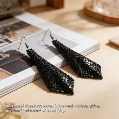 Mesh Sequin Tassel Long Drop Earrings for Women, Lightweight Metal Grid Fringe Dangle Earrings, Colorful Sparkly Alloy Wedding Bridal Party Jewelry (1 pair) - color: Black