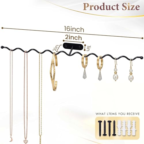Jewelry Wall Mounted Organizer: 16" Wavy Necklace Storage for Apartment | Necklace Holder Organizer, Heavy Duty Jewelry Hanger for Gift Giving - 2 Pack - size: 16 inch