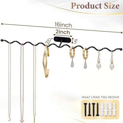 Jewelry Wall Mounted Organizer: 16" Wavy Necklace Storage for Apartment | Necklace Holder Organizer, Heavy Duty Jewelry Hanger for Gift Giving - 2 Pack - size: 16 inch
