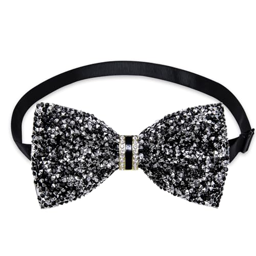 DiBanGu Mens Rhinestone Bow Tie with Ring and Lapel Pin Set | Adjustable Strap,Pre-tied Style,3PCS,Sequin Diamond Bowties，Solid/Mix Color,Shiny Accessory,for Party Prom Banquet Wedding - color: Black Silver