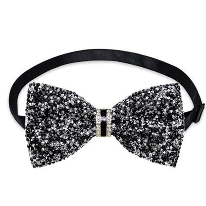 DiBanGu Mens Rhinestone Bow Tie with Ring and Lapel Pin Set | Adjustable Strap,Pre-tied Style,3PCS,Sequin Diamond Bowties，Solid/Mix Color,Shiny Accessory,for Party Prom Banquet Wedding - color: Black Silver