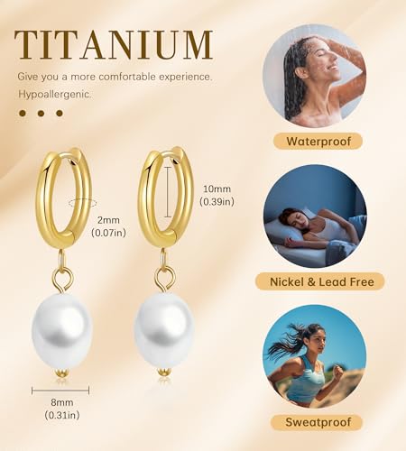 G23 Titanium Pearl Gold Drop Dangle Small Huggie Hoop Earrings for Women | F136 Implant Grade Pure Titanium for Sensitive Ears，Waterproof and Non Tarnish (A-14K Gold Plated) - color: 1A-14K Gold Plated