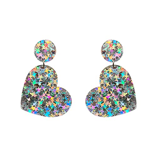 Exaggerated Acrylic Round Rectangle Heart Shape Glitter Sequins Dangle Drop Earring Boho Lightweight Geometric Circle Sequin Stud Statement for Women Girls 60s 70s Y2K Jewelry Gifts - color: B heart