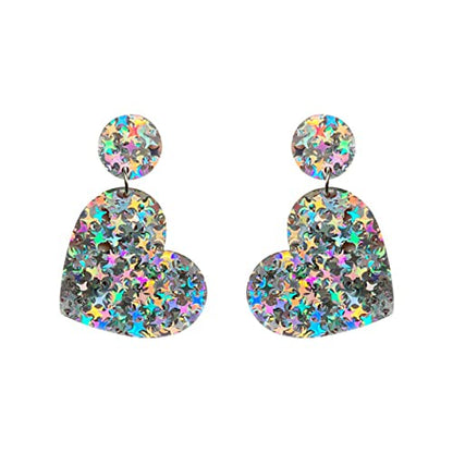 Exaggerated Acrylic Round Rectangle Heart Shape Glitter Sequins Dangle Drop Earring Boho Lightweight Geometric Circle Sequin Stud Statement for Women Girls 60s 70s Y2K Jewelry Gifts - color: B heart