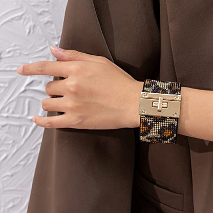Rantanto Leather Wrap Bracelets For Women Gold Twist Lock Buckle Wrist Cuff | PU leather,Skin-friendly,Boho Stackable Wristband,Fashion Daily Jewelry,Trend Casual Party Bangle,Fit For Birthday, Holiday - color: Crystal Leopard