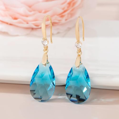 Austrian Crystal Teardrop Dangle Drop Earrings for Women 14K Gold Plated Hook Earring Hypoallergenic Jewelry Gifts for Women Girls - color: Aquamarine