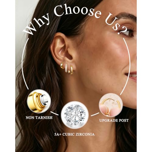 3 Pairs Chunky Small Hoops Set Huggie Earring Stack | Non Tarnish Hypoallergenic 925 Silver Square Earrings Waterproof Cubic Zirconia Hoop Earrings Chunky Gold Small Hoops - color: Gold