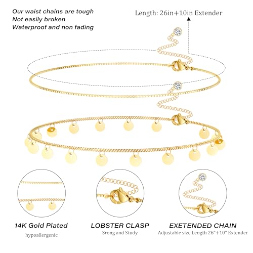 CHESKY Waist Beads for Women, 14k Gold Plated Waist Chain Gold Chain Belt for Womens Simple Body Chain Jewelry Belly Chain Beach Accessories Dainty Gold Jewelry for Women Gifts Rave Outfits for Womens - style: box chain-gold