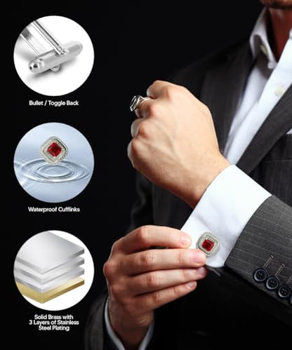 Square Colored Crystal Double Diamond Set Cufflinks - color: Deep Red/Silver