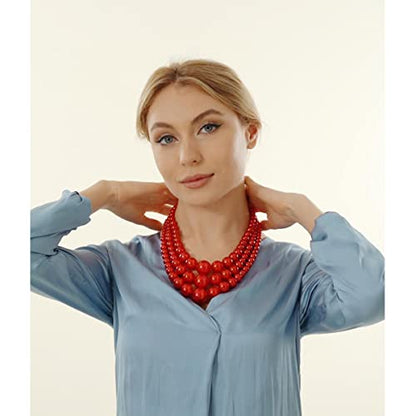 JNF Faux Pearl Statement Necklaces Big Beaded Necklace for Women Chunky Pearls Necklace and Earring Set Large beads Costume Necklace - color: Red pearl necklace set