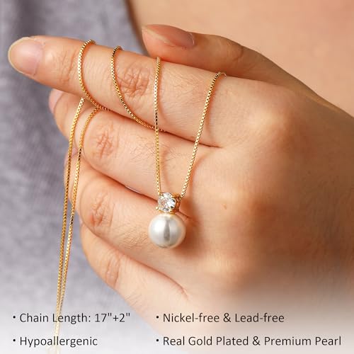 Ritach Pearl Necklaces for Women - Real Gold Plated Dainty Pearl Necklace Daisy Round Drop Pearl Choker Necklace Layered Gold Necklace for Women Teen Girls Bridesmaid Wedding Birthday Gifts - style: Gold-CZ Round Pearl