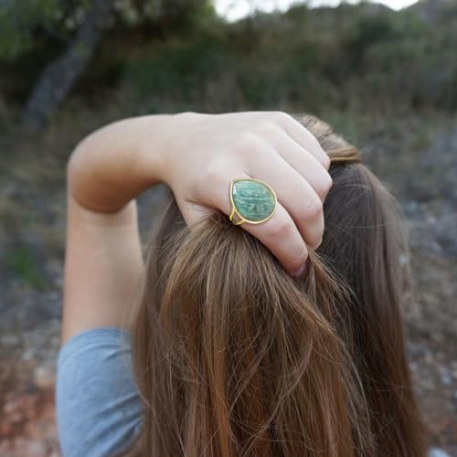 Crystal Ring for Women, Natural Rose Quartz Green Fluorite Ring for Her, Teardrop Shape Gemstone Ring, Handmade rose quartz Jewelry Adjustable Ring. - color: Amazonite