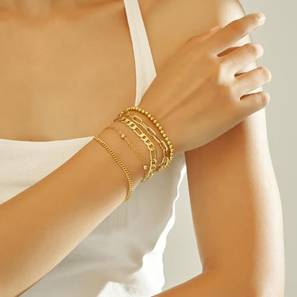 Wgoud Waterproof Gold Bracelets for Women Trendy, Dainty 14K Real Gold Plated Fashion Stackable Bracelet Sets for Women Thin Cuban Link Paperclip Chain Bracelets Layered Gold Jewelry Sets Gifts for Womens - color: 5Pcs Gold Bracelet