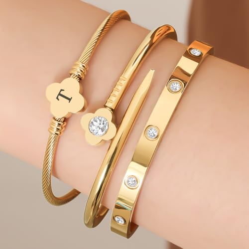 14K Gold Plated Personalized Flower Bracelet Set with Initial Charm Trendy Stackable Jewelry for Women - style: style1 T