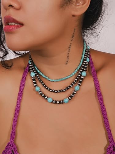MINACHI Boho Multi Layer Necklace with Green Stone Beads, Handmade Beaded Chain Necklace, Vintage Hippie Jewelry for Women - style: Necklace SL13-022