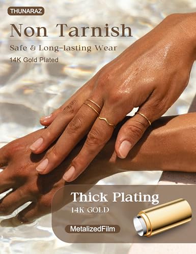THUNARAZ 8Pcs 1mm Stainless Steel Rings for Women Men Fashion Plain Band Knuckle Stacking Midi Thumb Dainty Thin Rings Set Size 5-10 Silver Gold Tone - color: Gold