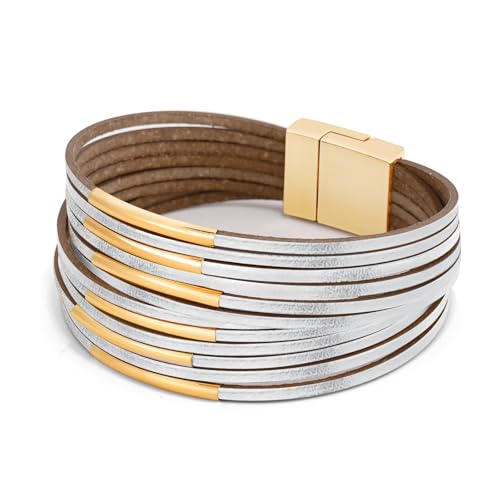 Wrapped Bracelets for Women,Leather Boho Bracelets for Women - color: Leather-Silver