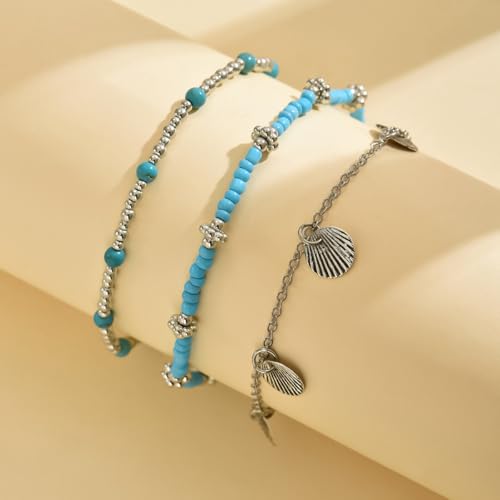 Gold Anklets Bracelets for Women Waterproof Layered Beaded Anklet Bracelets Set Boho Pearl Starfish Shell Anklet Bracelet Stacked Turquoise Anklets Bracelet Summer Beach Foot Jewelry Gift for Women - style: Turquoise
