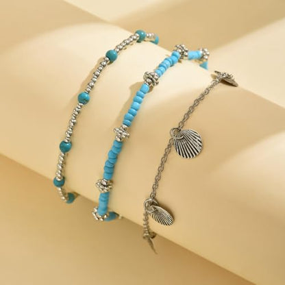 Gold Anklets Bracelets for Women Waterproof Layered Beaded Anklet Bracelets Set Boho Pearl Starfish Shell Anklet Bracelet Stacked Turquoise Anklets Bracelet Summer Beach Foot Jewelry Gift for Women - style: Turquoise