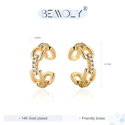 Bemoly Ear Cuff Earrings for Women 14K Gold Plated Cubic Zirconia Dangle Huggie Ear Cuffs Non Piercing | Clip On Cartilage - style: J-CHAIN-Pair