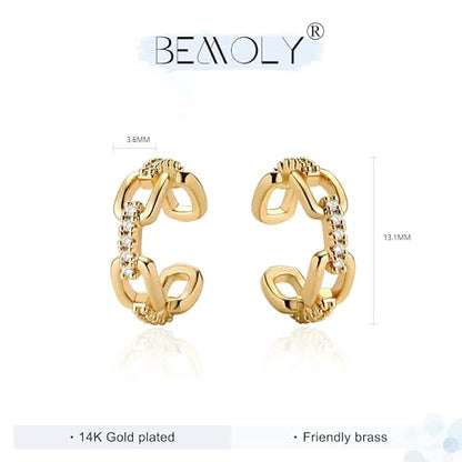 Bemoly Ear Cuff Earrings for Women 14K Gold Plated Cubic Zirconia Dangle Huggie Ear Cuffs Non Piercing | Clip On Cartilage - style: J-CHAIN-Pair