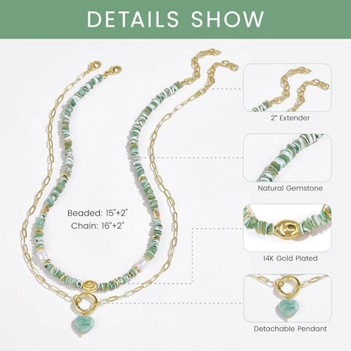 KissYan Beaded Necklaces for Women, Layered Pendant Choker for Summer | Stackable Colorful Natural Gemstone Handmade Beach Charm Chain Valentine's Jewelry Gifts For Girlfriend Wife Lover - style: Green Heart