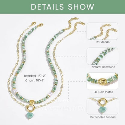 KissYan Beaded Necklaces for Women, Layered Pendant Choker for Summer | Stackable Colorful Natural Gemstone Handmade Beach Charm Chain Valentine's Jewelry Gifts For Girlfriend Wife Lover - style: Green Heart