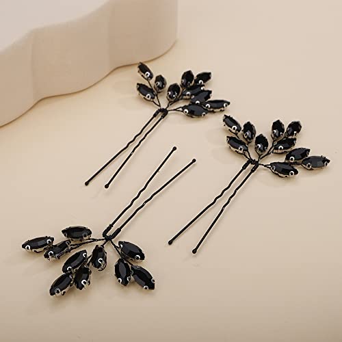 Teyglen 3pcs Bridal Crystal Hair Pins Rhinestones Hair Pieces Simple Black Crystal Wedding Hair Pins Handmade Hair Accessories for Women Bride Girls (Black) - color: Black