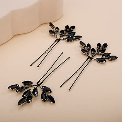 Teyglen 3pcs Bridal Crystal Hair Pins Rhinestones Hair Pieces Simple Black Crystal Wedding Hair Pins Handmade Hair Accessories for Women Bride Girls (Black) - color: Black