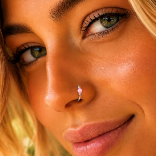 Jolliz Opal Nose Rings Hoops – 24 Gauge Classic Design, Elegant Nose Rings for Women & hypoallergenic Nose Piercings Jewelry Perfect for Any Occasion with Comfortable Fit - color: Pink Opal Silver