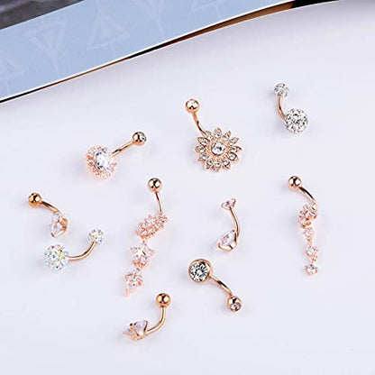 Yaomiao 18 Pcs 14G Stainless Steel Belly Button Ring Rhinestone Heart Dangle Belly Button Rings for Women - color: Rose Gold, Elegant Style