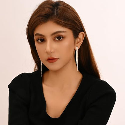 Long Dangle Earrings for Women, Tassel Chain Drop Threader Earrings | 18K Gold Plated, 925 Sterling Silver Posts, Set with cubic zirconia, Hypoallergenic, Non Tarnish, Lightweight, Red Gift Box - color: Silver