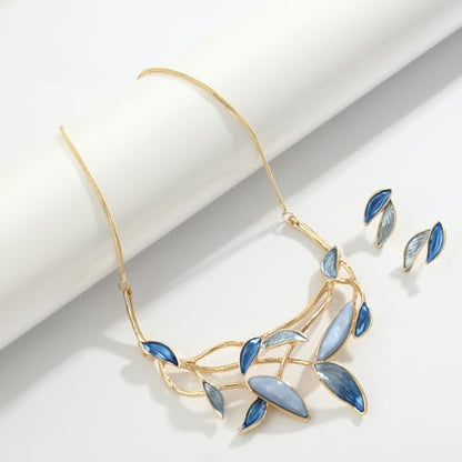 Vintage Statement Jewelry Set - Chunky Flower Floral Plant Geometric Resin Bib Necklace Earring Set Bohemian Boho Crystal Rhinestone Fashion Jewelry for Women Bridal Party Prom Unique Gift - style: MLJS2610-Blue