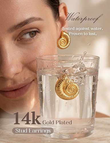 Chunky Gold Stud Earrings for Women Sterling Silver Earring Hypoallergenic | Non Tarnish 14K Gold Plated 925 Silver Posts for Sensitive Ears,Knot Statement Dangle Earrings Gold Jewelry Gifts Lightweight - color: gold plated-conch