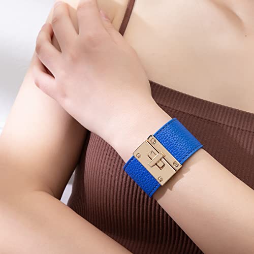 Rantanto Leather Wrap Bracelets For Women Gold Twist Lock Buckle Wrist Cuff | PU leather,Skin-friendly,Boho Stackable Wristband,Fashion Daily Jewelry,Trend Casual Party Bangle,Fit For Birthday, Holiday - color: Wide Royal Blue