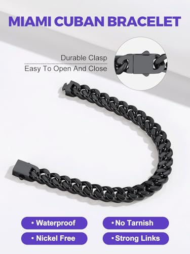 Richsteel Gold/Black/Silver Cuban Link Bracelet for Men,5/7/9/12MM Width | 316L Stainless Steel Chain Wrist Bracelet, Waterproof, No Tarnish, Hypoallergenic Hip Hop Jewelry, with Gift Box - color: 03-Black Plated 9mm Width
