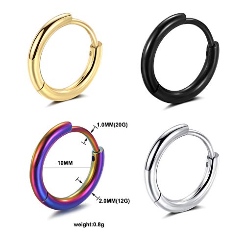 Black Hoop Earrings for Men 8mm 10mm 12mm – Surgical Stainless Steel Hypoallergenic Mens Small to Medium Hoop Earrings Set (3 Pairs) - style: B:4pairs,10mm,black+steel+rainbow+gold