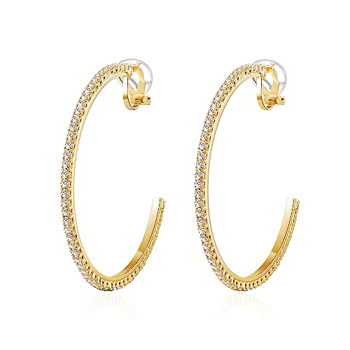 YOQUCOL 4.3CM(1.7in) Clip On Hoop Earrings Cubic Zirconia Non Pierced Ears Hoops for Women - color: 55MM-Gold