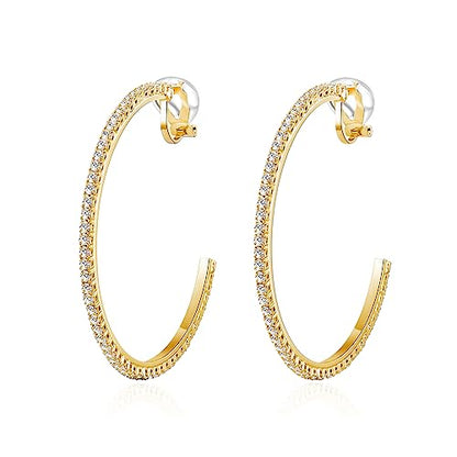 YOQUCOL 4.3CM(1.7in) Clip On Hoop Earrings Cubic Zirconia Non Pierced Ears Hoops for Women - color: 55MM-Gold