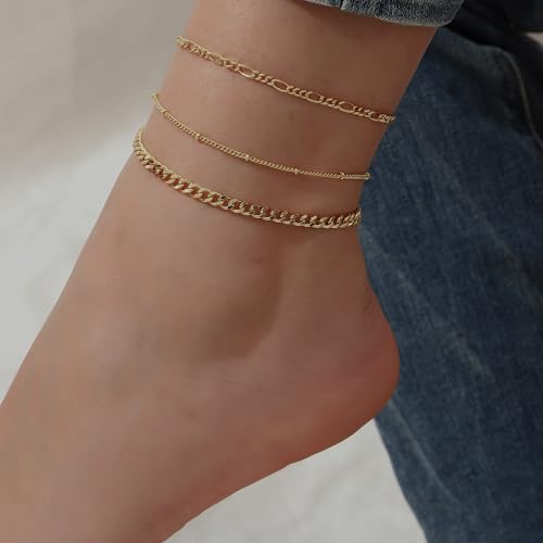 14K Gold Ankle Bracelet for Women, Gold Plated Layered Minimalist Chain Anklet, Dainty Beach Jewelry, Adjustable, Gift for Her