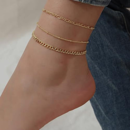 14K Gold Ankle Bracelet for Women, Gold Plated Layered Minimalist Chain Anklet, Dainty Beach Jewelry, Adjustable, Gift for Her