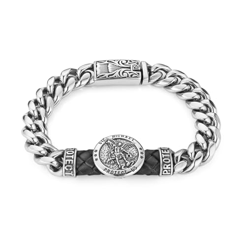 HZMAN 8.5Inch Cuban Link Bracelet for Men Silver Stainless Steel Heavy Biker Link Bracelet - color: Archangel