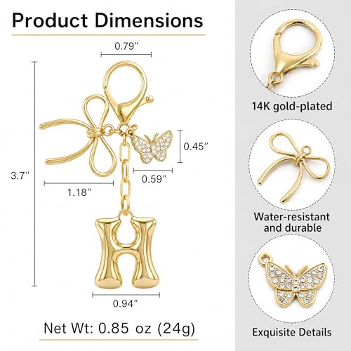 Gold Bubble Heart, Cherry, Bow & More Designs Letter Initial Keychain Bag Charms – Cute Purse Charms for Handbags - color: Bow & Butterfly, style: H