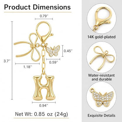 Gold Bubble Heart, Cherry, Bow & More Designs Letter Initial Keychain Bag Charms – Cute Purse Charms for Handbags - color: Bow & Butterfly, style: H