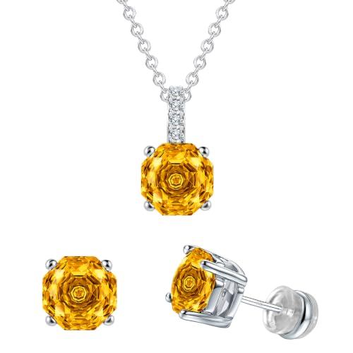 Rose Cut Silver Solitaire Necklace and Earring Set for Women, Jewelry Gift | Rose Cut, Cubic Zirconia, Necklace and Stud Earrings Set, Jewelry Set, Minimalist - color: Yellow