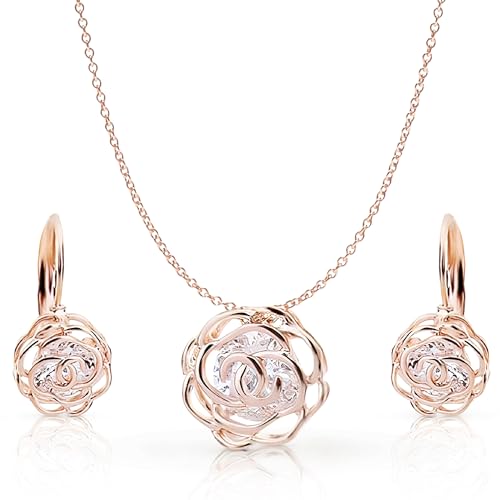 Women 18K Gold Plated White Crystal Roses Flowers Necklace and Earrings Set for Women Wedding Party Bridal Bridesmaid Accessories - color: Rose gold